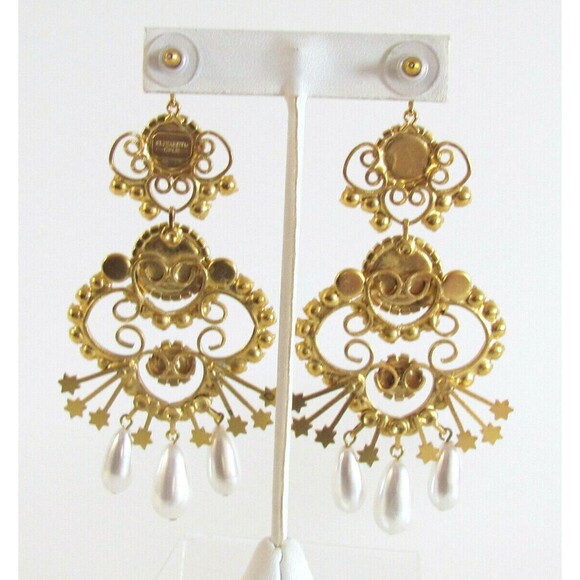 Women's Earrings Designer Elizabeth Cole Faux Pearl/Crystal Gold Plated Earrings - Picture 3 of 11